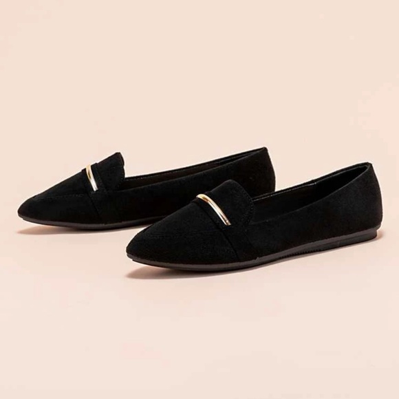 Black Mental Decor Flat Shoes For Women, Fashionable Point Toe Loafers - Picture 2 of 4